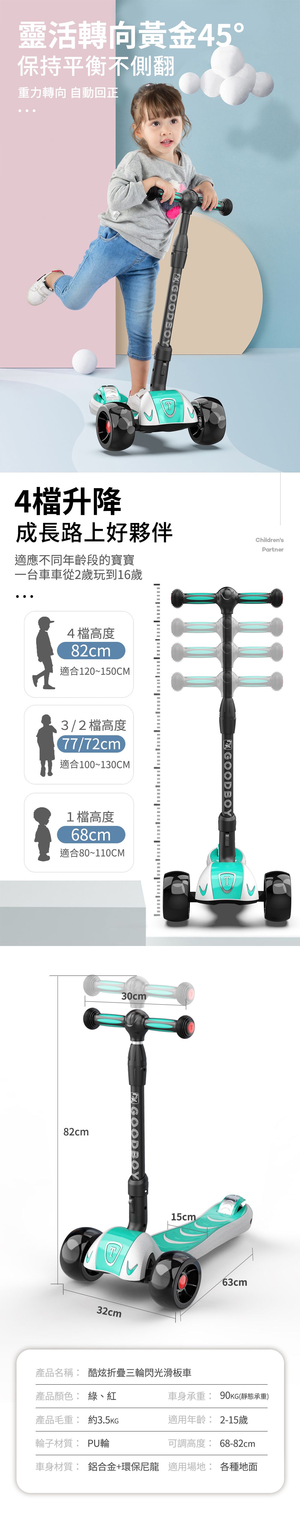 i-Smart - 巨無霸閃光兒童三輪折疊滑板車(有音樂閃光)-薄荷綠