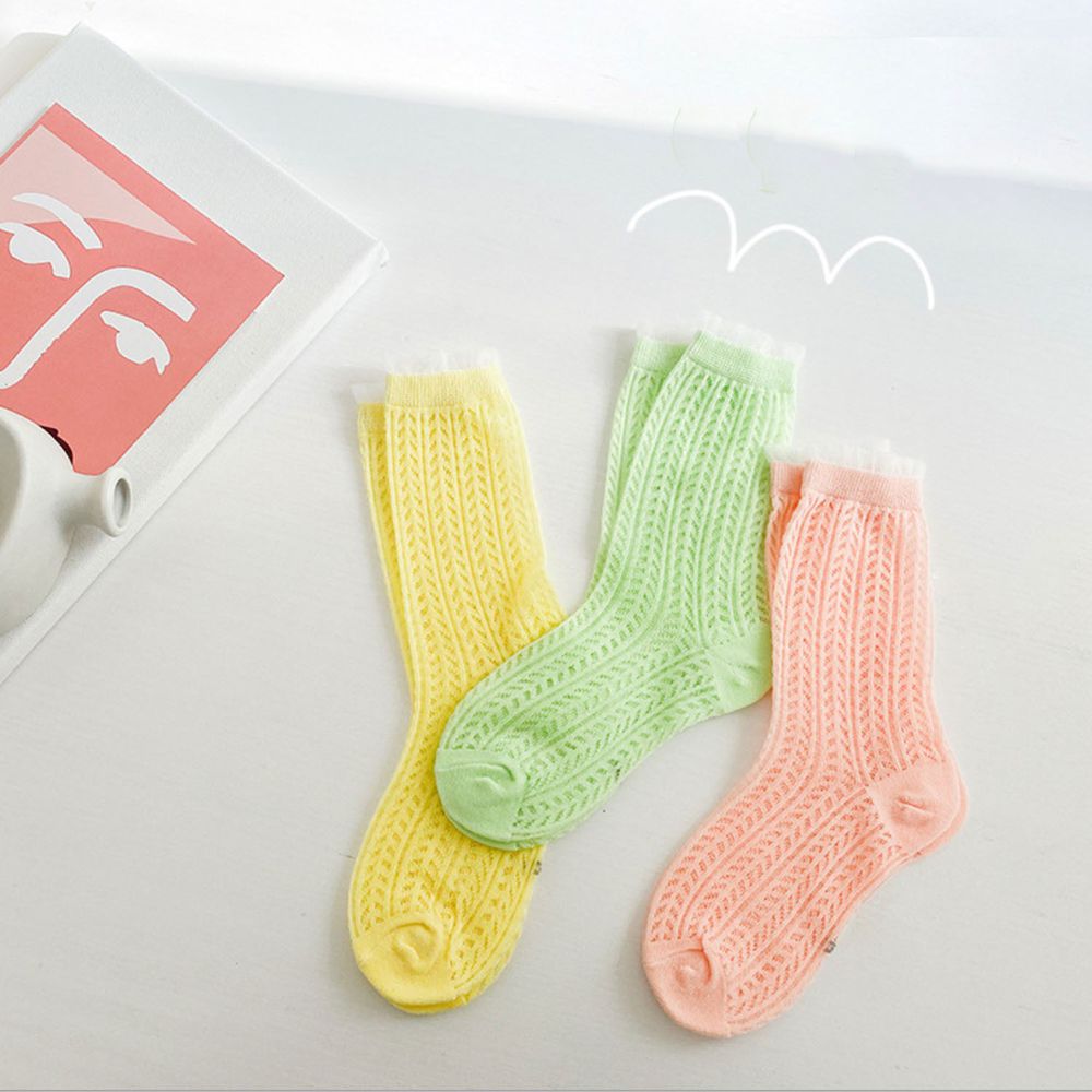 馬卡龍色系花邊網眼棉質短筒襪(3雙一組)-橘/黃/青蘋果綠