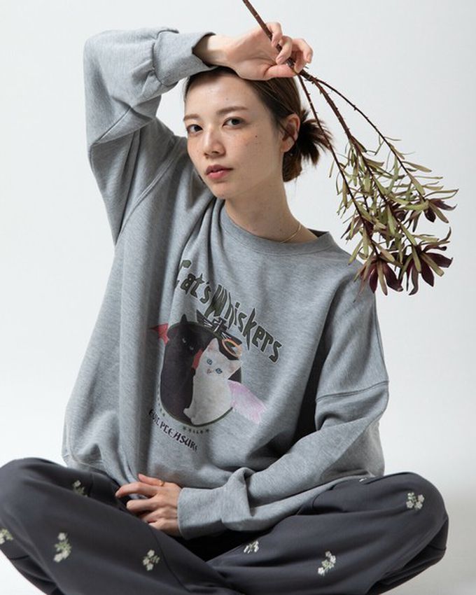 日本 gleam - 裏毛寬版天使惡魔貓咪印花大學T-深藍