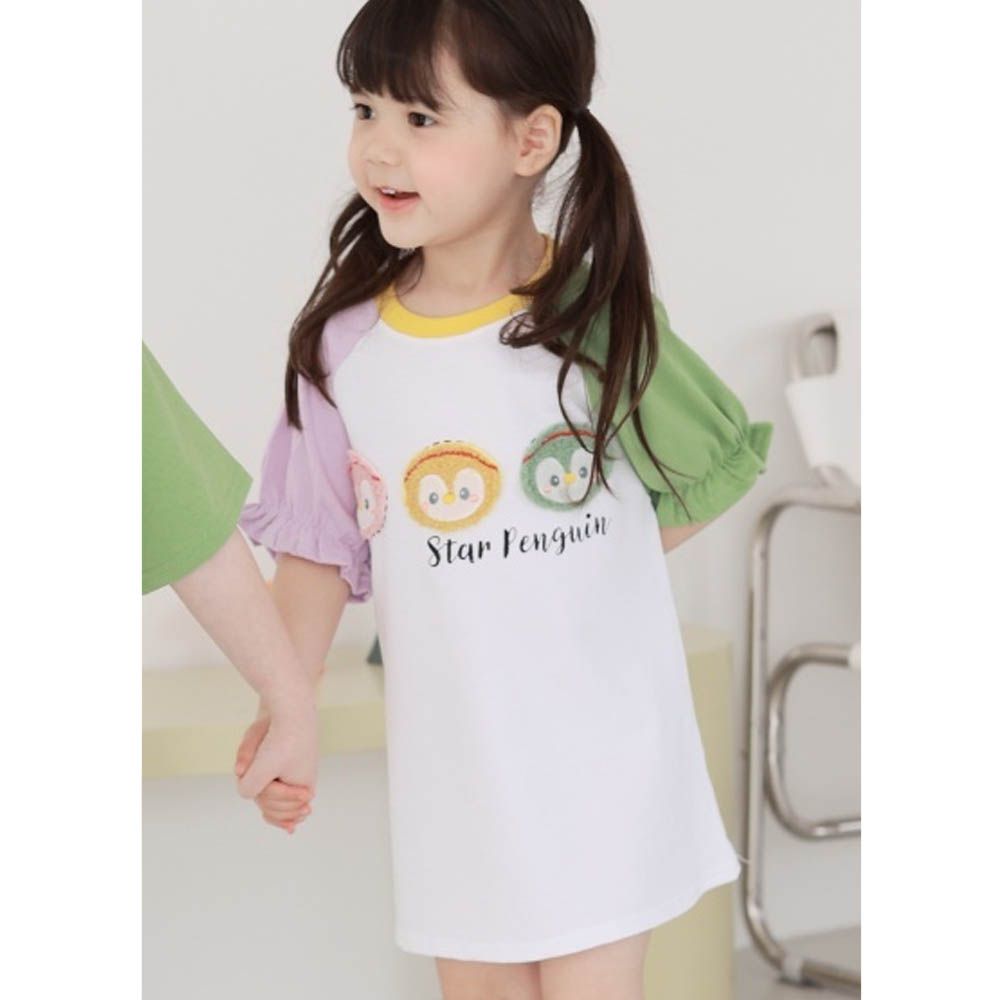萌萌毛絨企鵝撞色公主袖洋裝-淺紫X綠