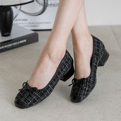 韓國 PINKELEPHANT - 可愛蝴蝶結方頭矮跟鞋(3cm)-毛呢黑