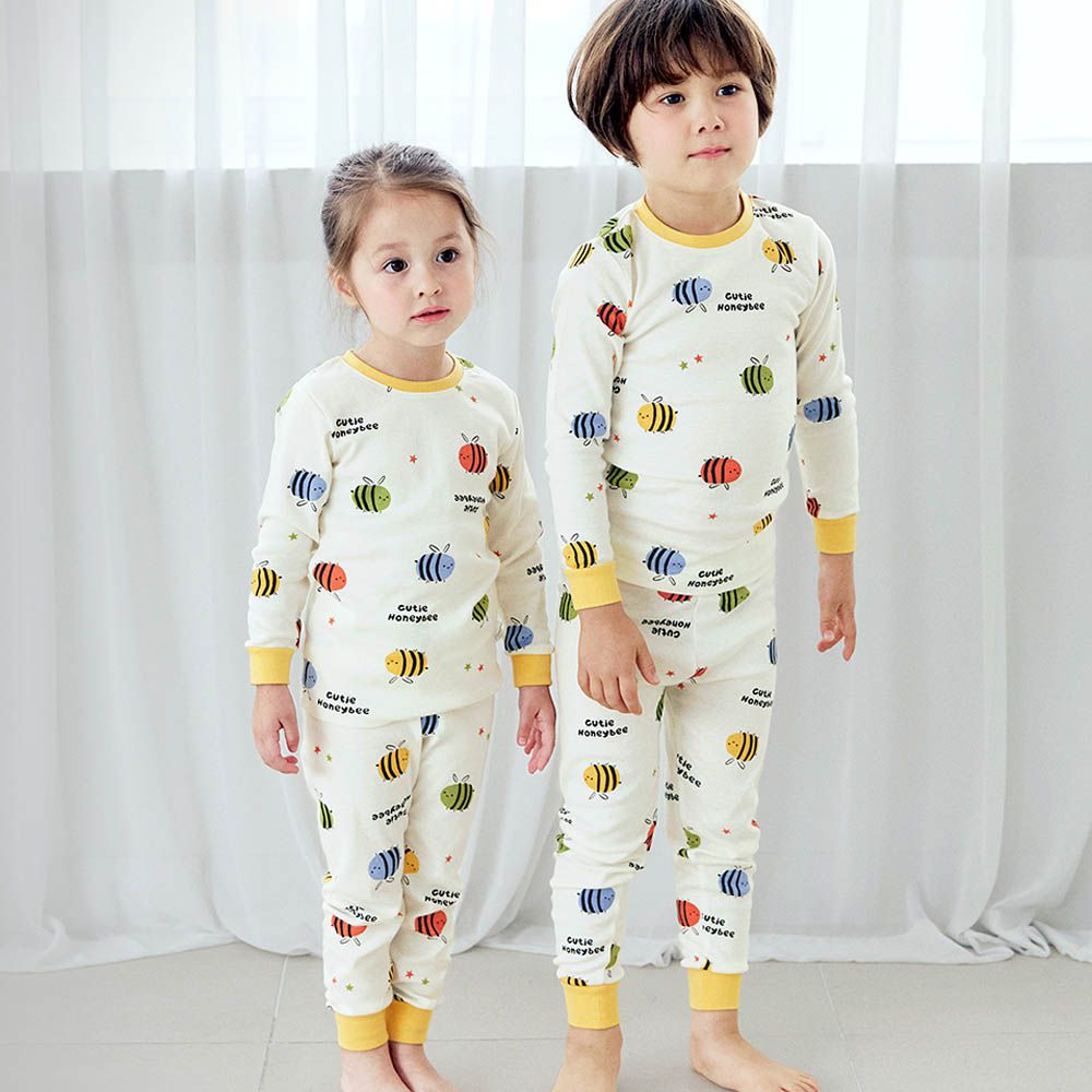 細緻柔棉彈性長袖家居服-彩色小蜜蜂-米黃