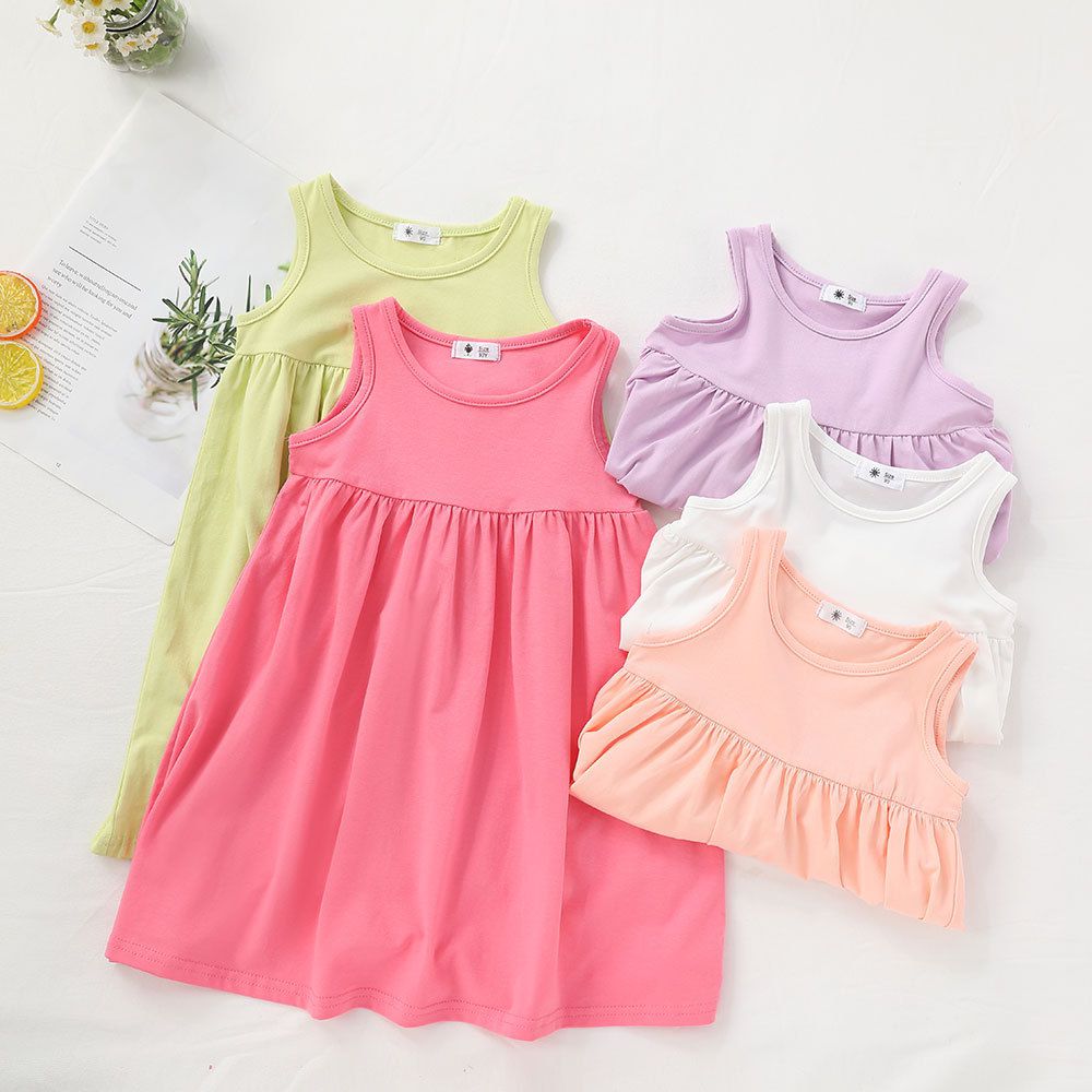 糖果色棉質無袖連身洋裝-白色