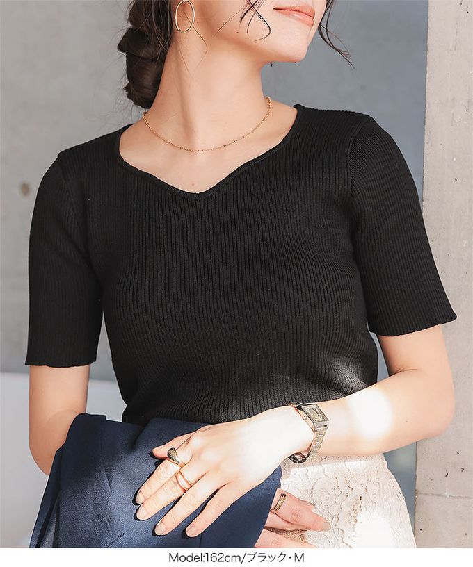 日本 Kobe Lettuce - 桃心領羅紋合身短袖上衣-黑