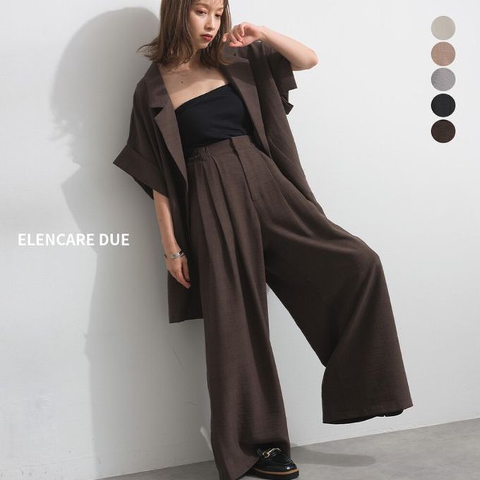 日本 ELENCARE DUE - 亞麻質感立體修身摺線寬褲-咖啡