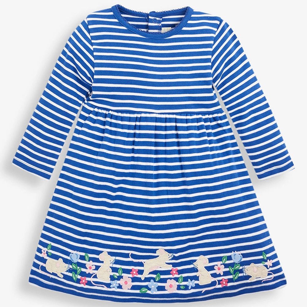 英國 JoJo Maman BeBe - 嬰幼兒/兒童100％純棉長袖洋裝-條紋花花鼠