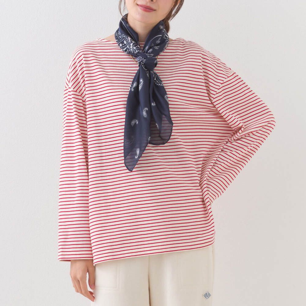 100%棉 經典款細條紋長袖上衣-白底紅條紋