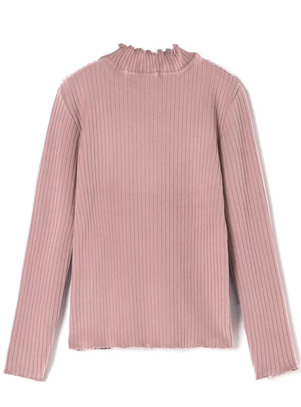 日本 GRL - 百搭木耳領羅紋長袖上衣-深可可