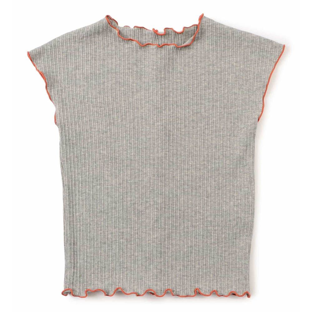 柔軟木耳邊羅紋無袖上衣-淺棕灰