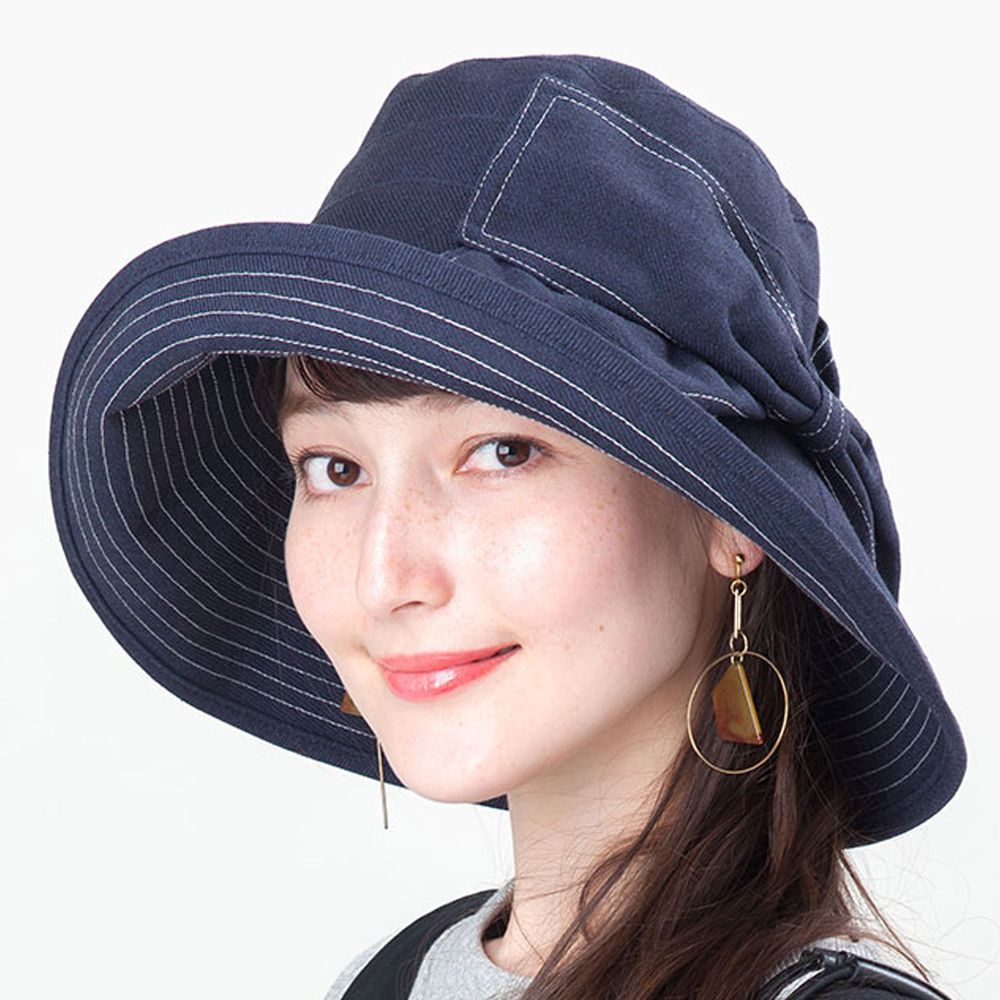 日本 irodori - 抗UV撞色線條大帽簷遮陽帽-海軍藍