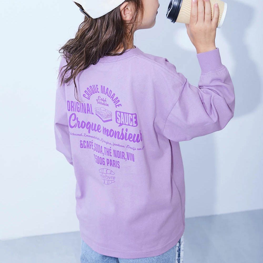 100%棉 定番女孩印花長袖上衣-美式早餐-淺紫