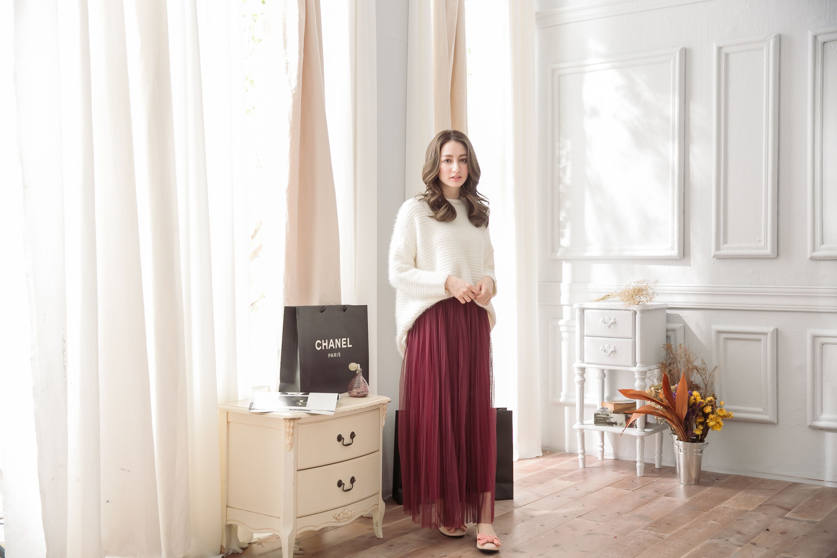 Peachy - 獨家訂製綿柔優雅綁帶百褶紗裙-綁帶百褶版-葡萄酒紅 (F)