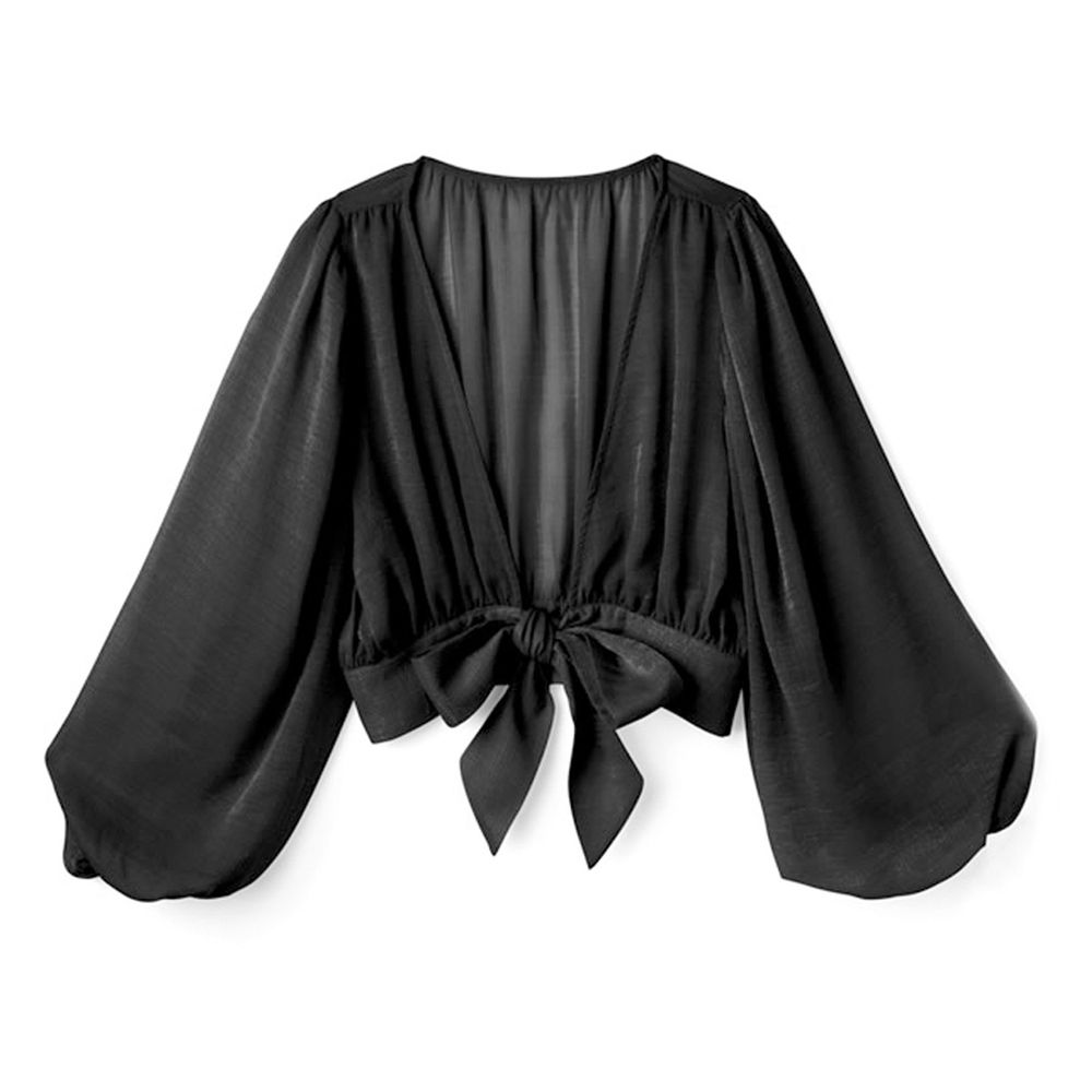 日本 GRL - 光澤感薄透V領綁帶澎澎袖小罩衫-時尚黑