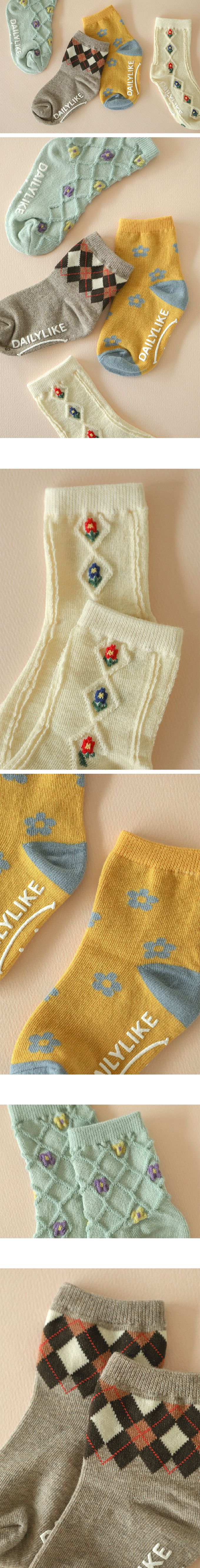 韓國 Daily Like - 兒童襪子/中筒襪4入組-復古花邊01