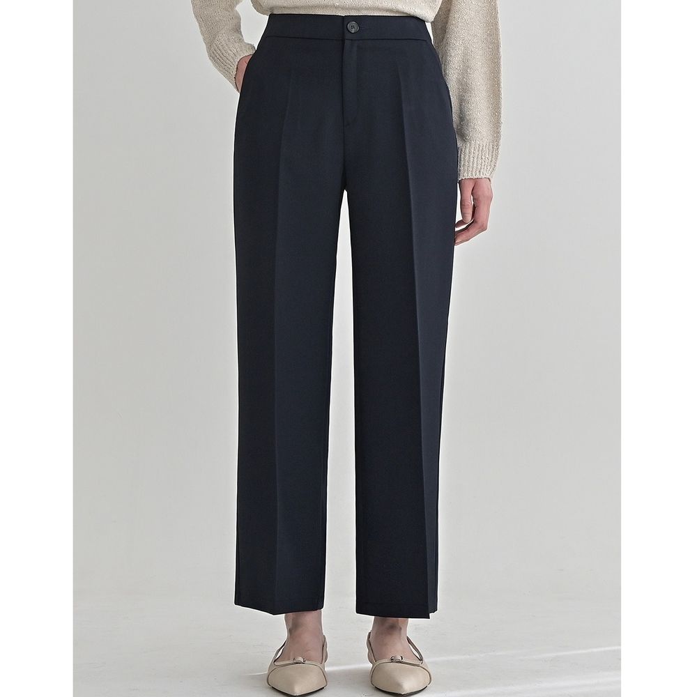 Domingoblue 後鬆緊腰職感直筒西裝褲-海軍藍