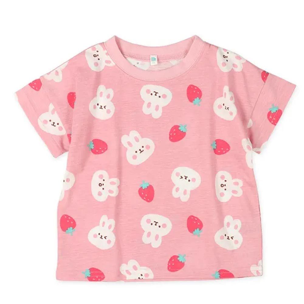 日本西松屋 - 可愛印花圓領短袖上衣-兔兔&草莓-粉紅