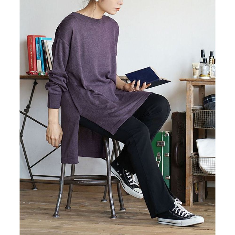 日本 zootie - Heatful發熱系 寬鬆長版薄針織上衣-葡萄紫
