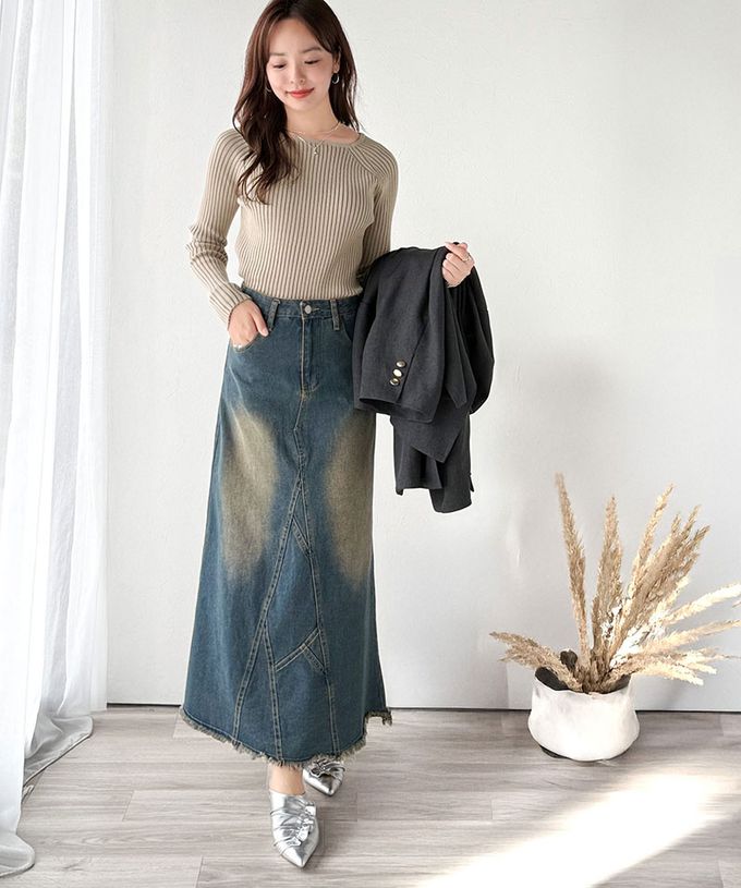 日本 Classical Elf - 優雅羅紋合身針織長袖上衣-卡其