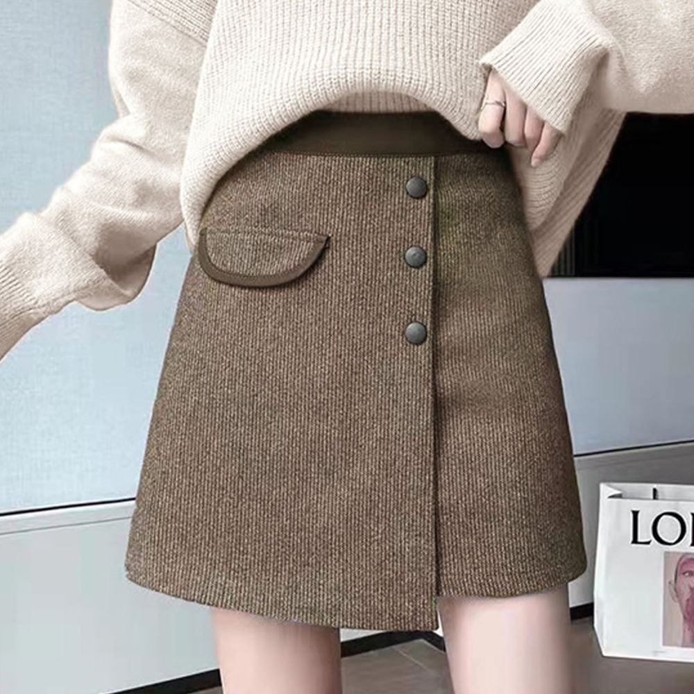 日本 GRL - 不規則裙擺排釦毛呢短裙(附安全褲內襯)-咖