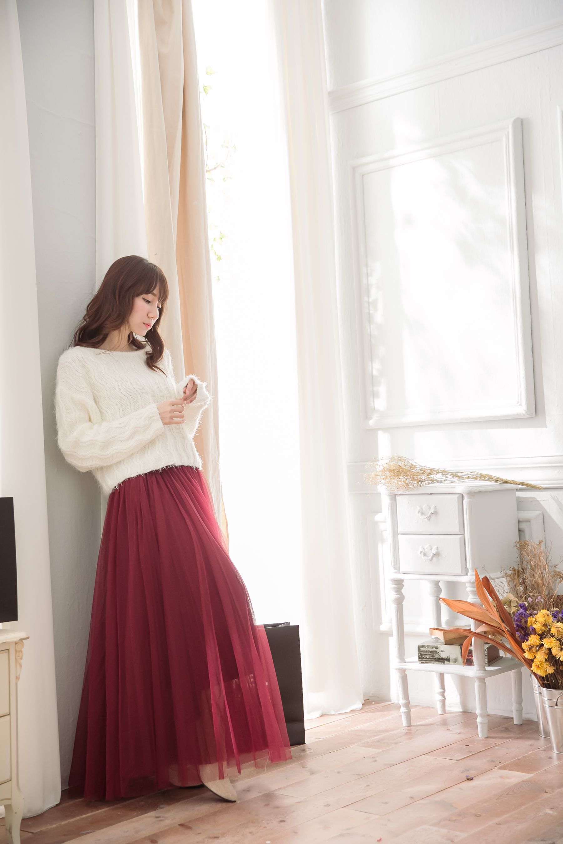 Peachy - 獨家訂製綿柔法式浪漫三層蓬紗裙-三層蓬版-性感酒紅 (F)