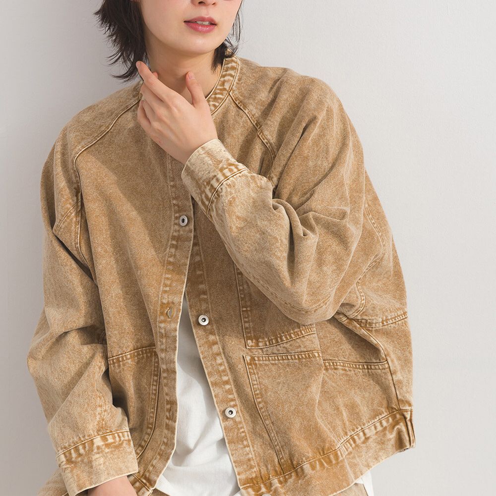 復古刷色感輕盈無領牛仔外套-焦糖棕