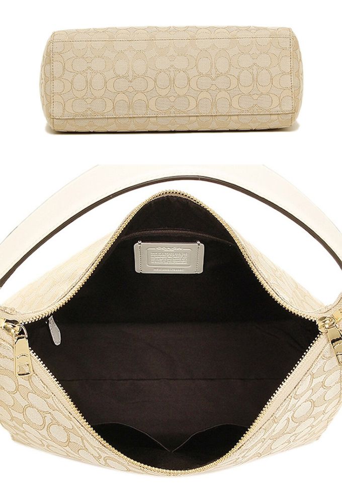 COACH - 滿版LOGO織布船型斜背包 (卡其白)