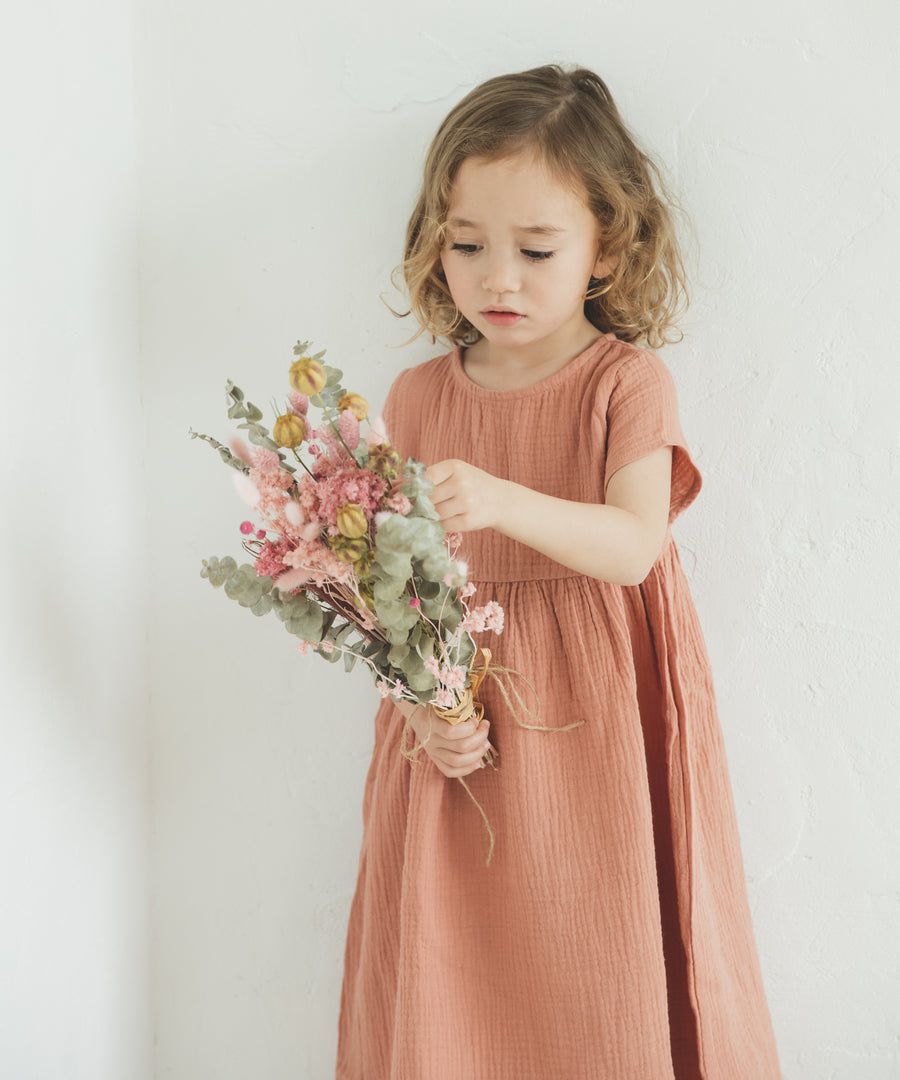 日本 PAIRMANON - 純棉微皺感短袖素色洋裝(孩子)-紅