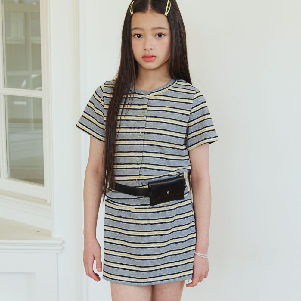 sm2 撞色條紋短袖上衣X短裙套裝-灰X黃