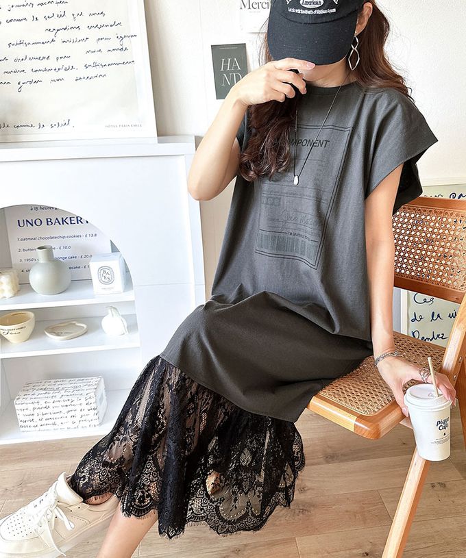 日本 Classical Elf - 下擺蕾絲酷感印花法式袖洋裝-檢查表