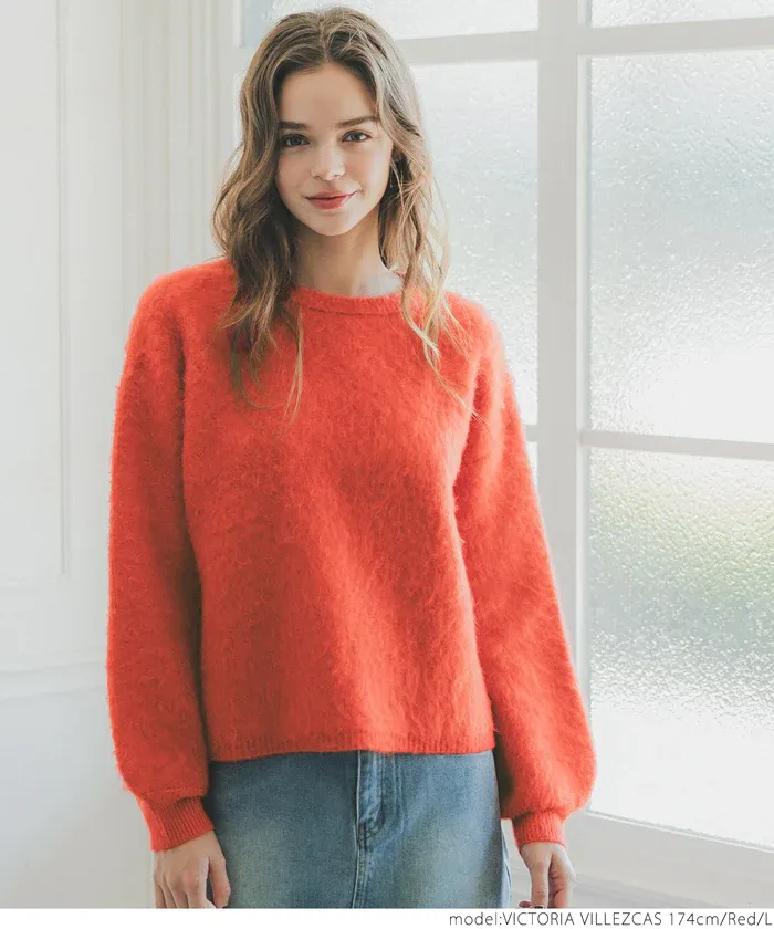 日本 COCA - 溫柔毛絨感圓領長袖針織上衣-橘紅