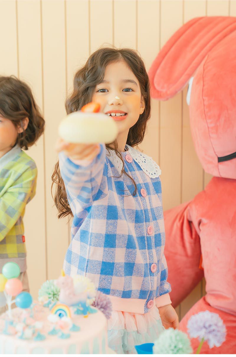 韓國 OZKIZ - 蕾絲領棋盤格單排釦針織小外套