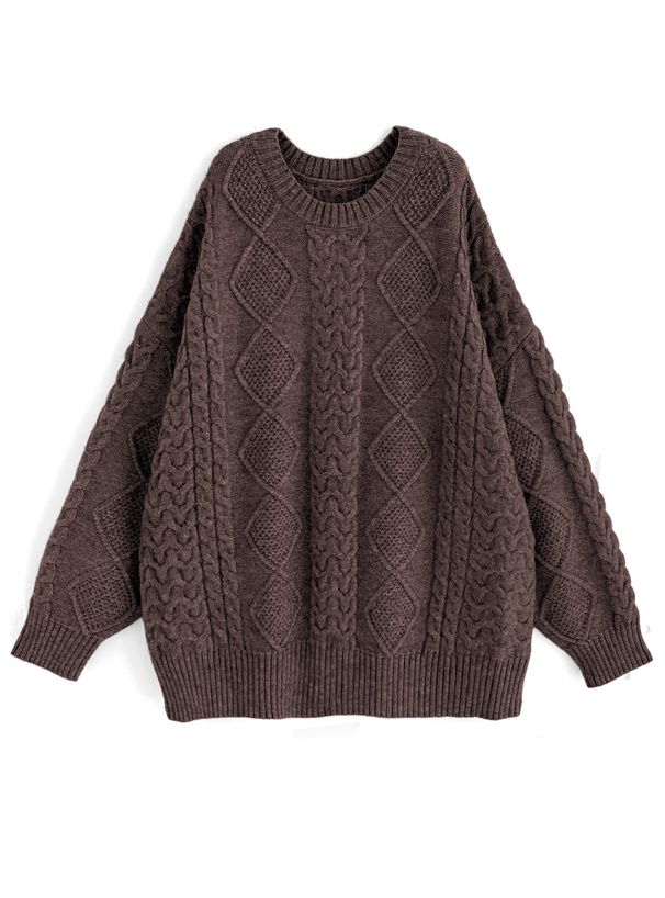 日本 GRL - 慵懶感編織紋長版毛衣-咖啡 (F)