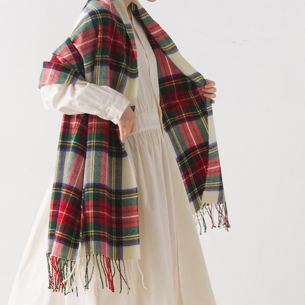 羊毛混紡經典格紋圍巾披肩-A(紅x白)