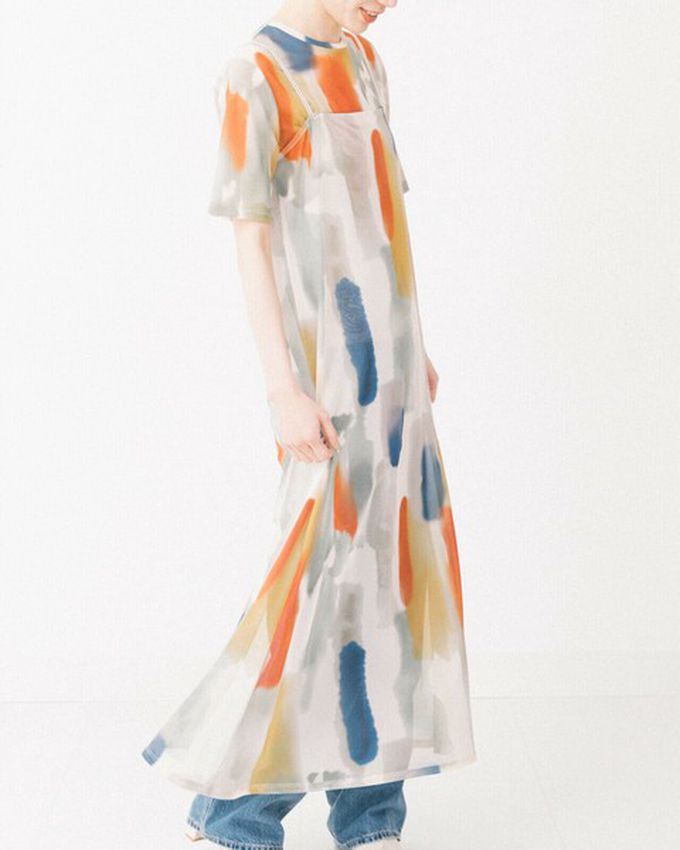 日本 gleam - 水彩暈染風夢境薄紗細肩帶洋裝-米棕系