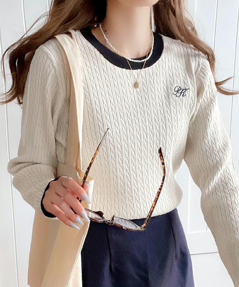 日本 Classical Elf - 學院風logo編花針織長袖上衣-米白x黑邊