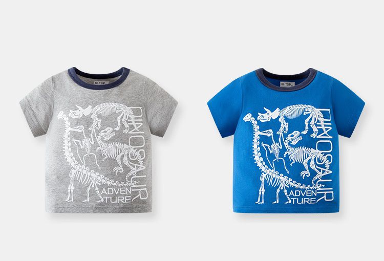 BE TOP - 純棉短袖上衣-考古恐龍化石-灰色