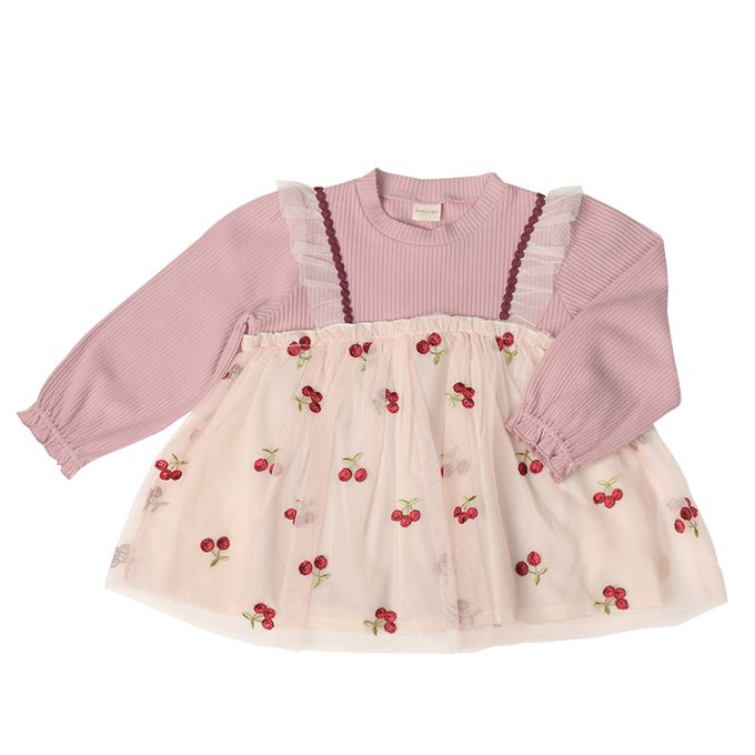 akachan honpo - 長袖假兩件休閒上衣-刺繍-粉紅色