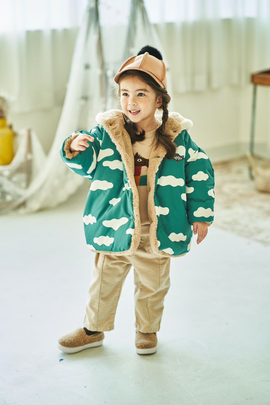 韓國 Mimico - (雙面可穿)熊耳朵雲朵外套-綠