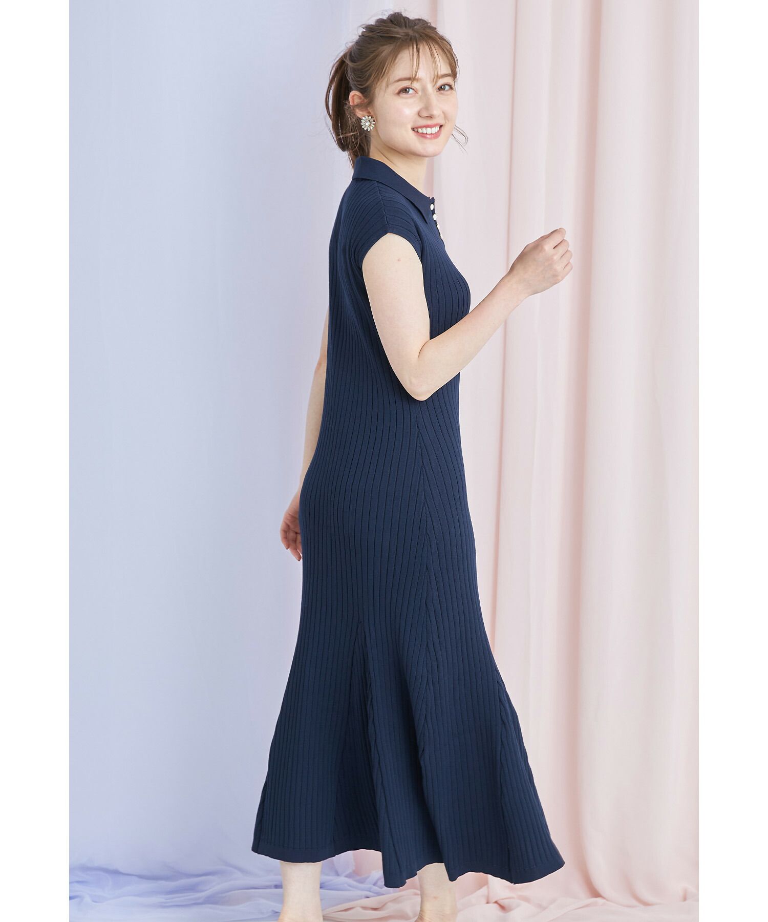 日本 tocco-closet - 直羅紋翻領修身洋裝-海軍藍