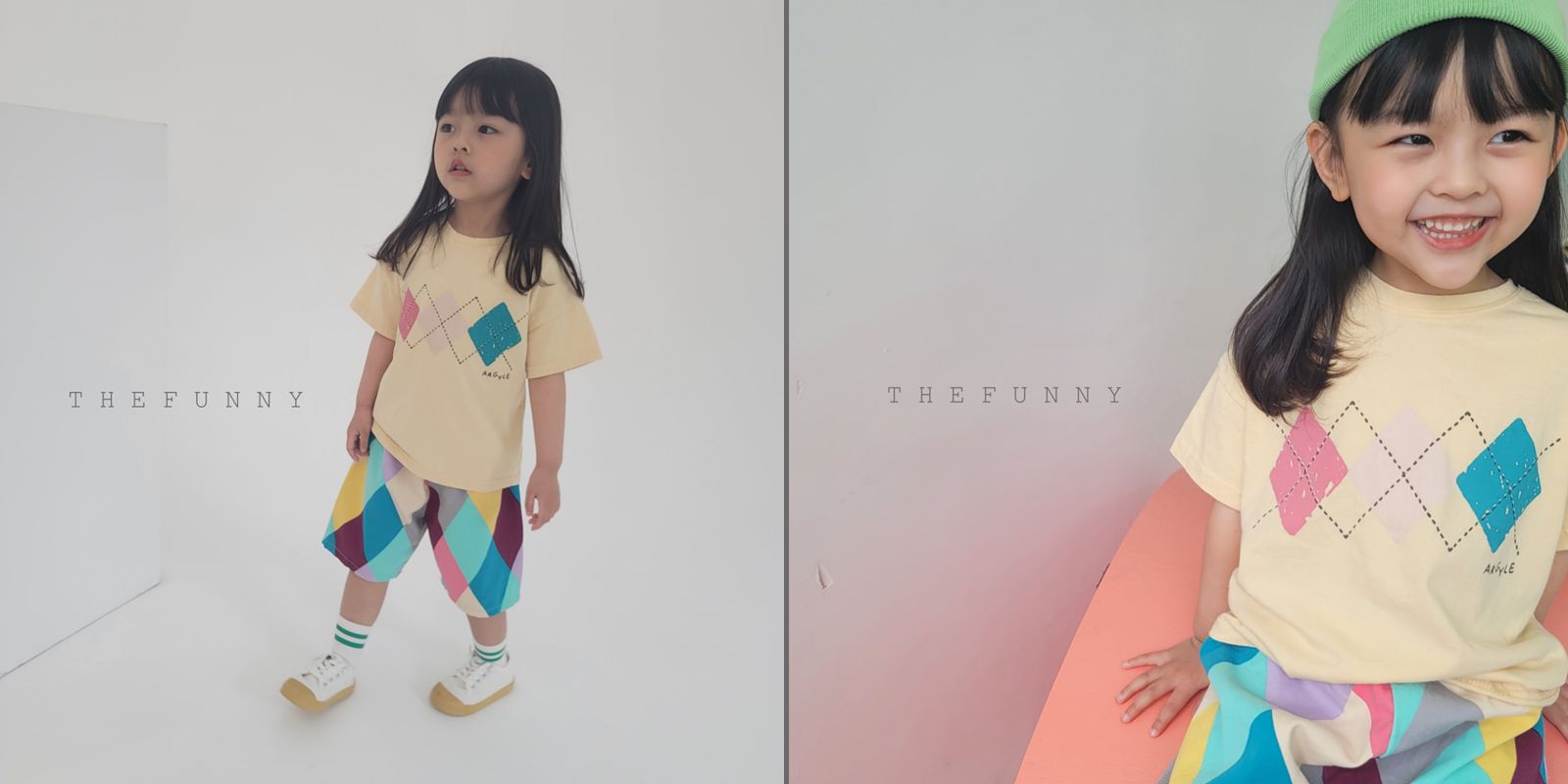 韓國 The Funny - 三色菱形純棉T-象牙白