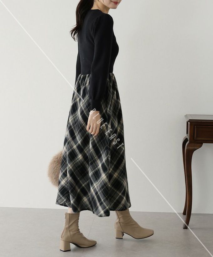 日本 BLUE EAST - 美型修身小澎袖針織長袖洋裝-格紋拼接-海軍藍