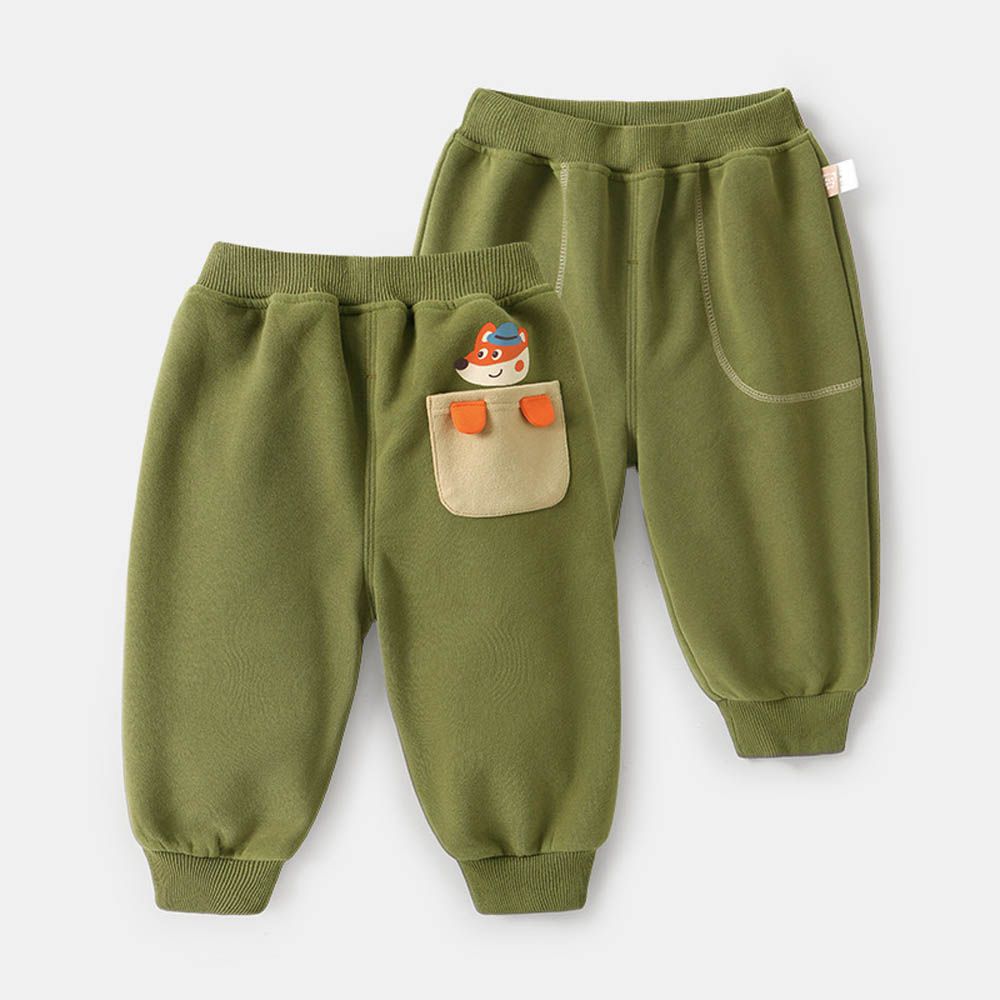 腰鬆緊運動休閒長褲-後立體拼色口袋-綠色