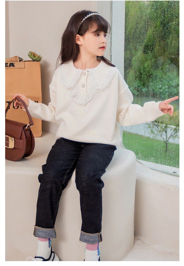 百搭秋冬針織毛衣-蕾絲珍珠-米白色