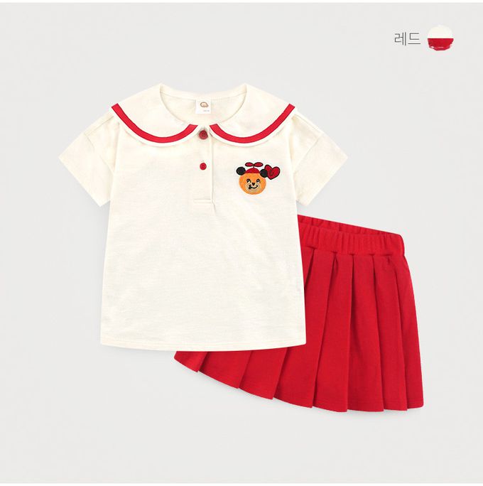 韓國 milk mile - 俏皮小熊印翻領百褶裙套裝-米白X紅