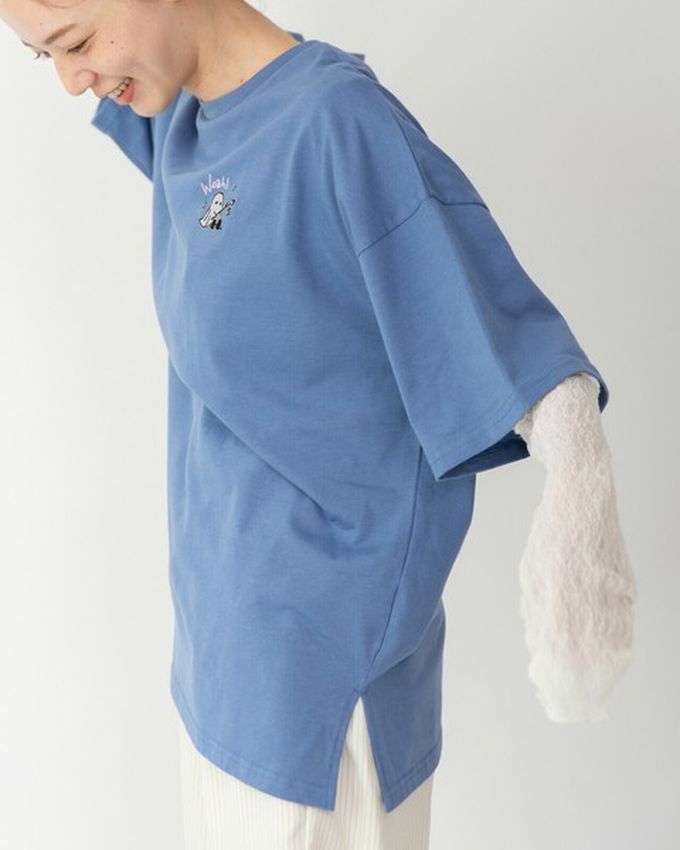 日本 gleam - 俏皮露營幽靈印花寬大風短袖T恤-煙燻藍