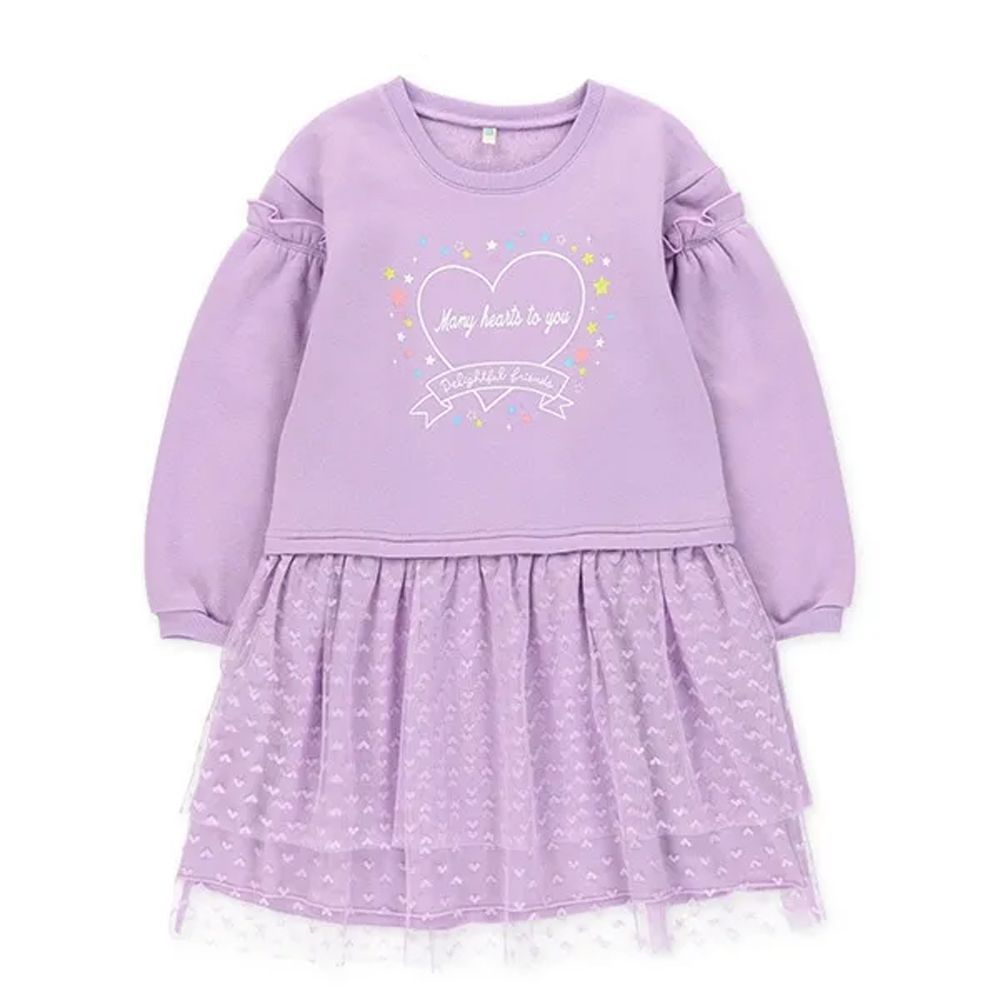 甜蜜愛心薄紗拼接裏起毛長袖洋裝-薰衣草