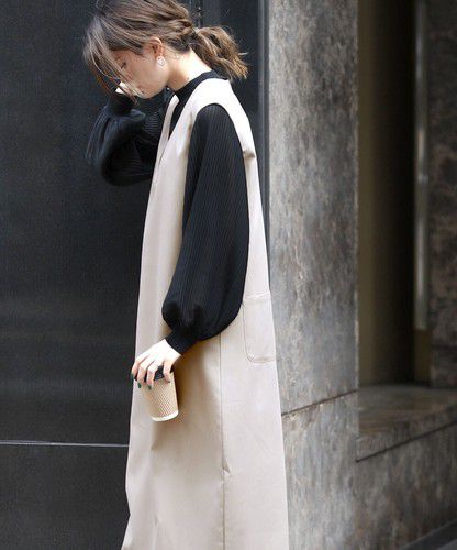 日本 Bou Jeloud - 異材質拼接百摺長袖上衣-萊姆黃