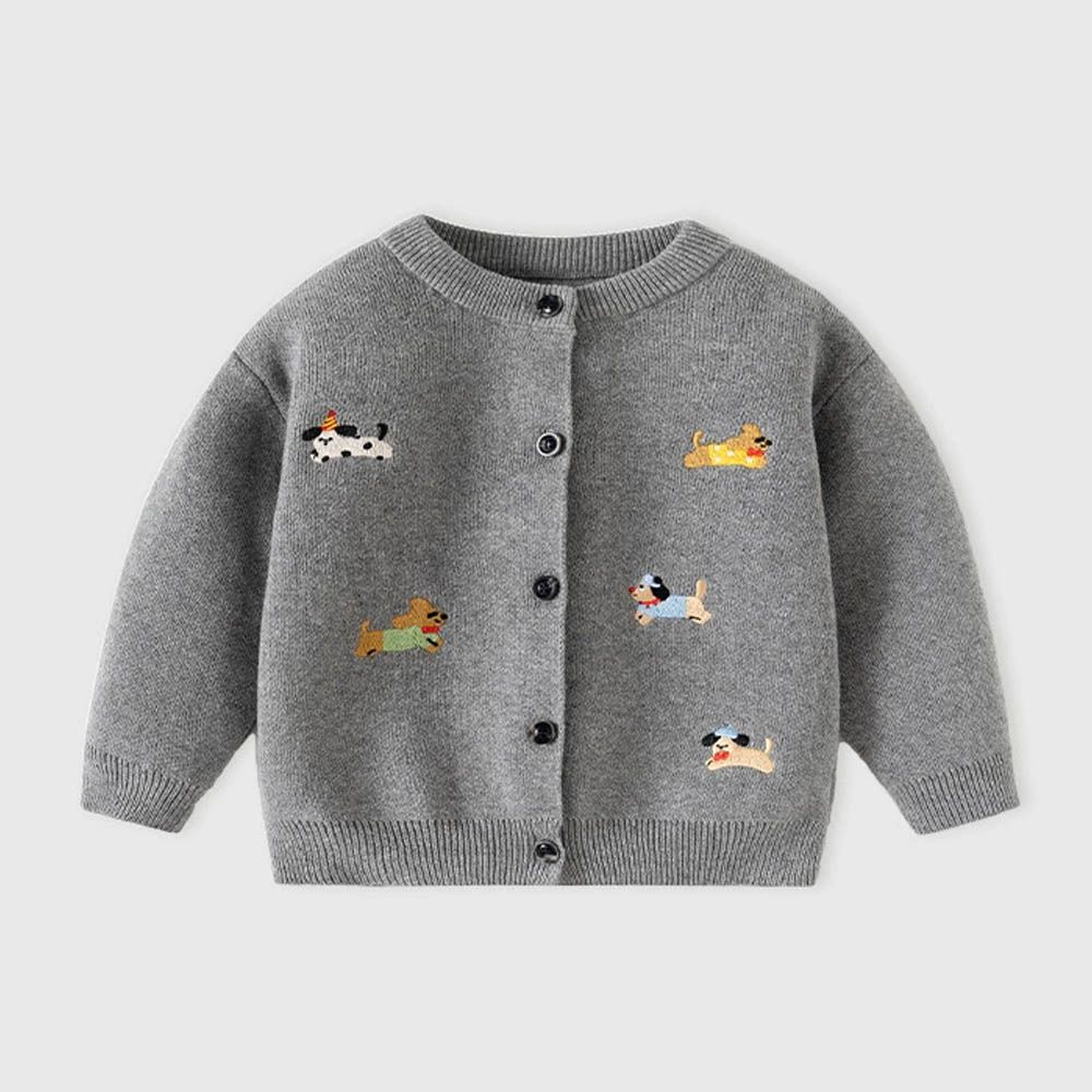 純棉圓領針織排釦外套-動物樂園-深灰