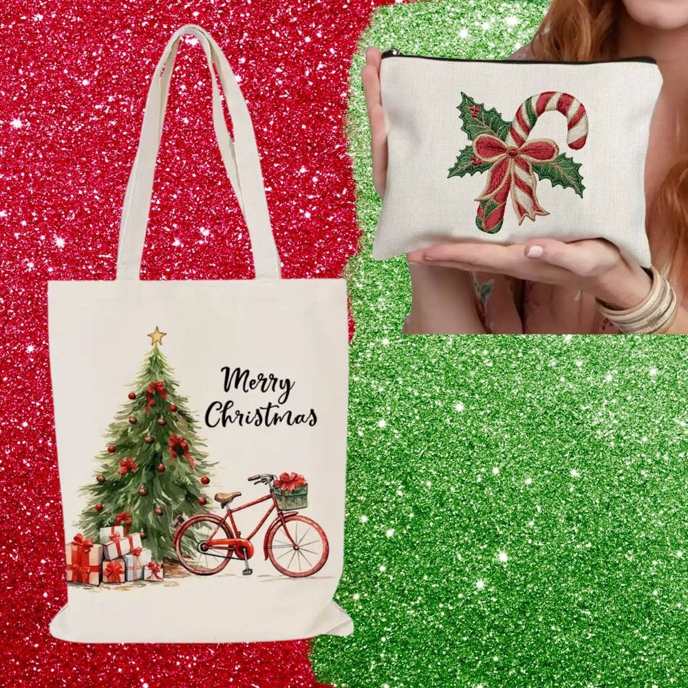 聖誕節精美印刷帆布提袋配拉鍊收納袋-2件組-聖誕樹及拐杖糖款-袋裝