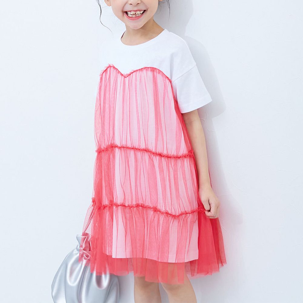 柔軟薄紗拼接甜美短袖洋裝-紅